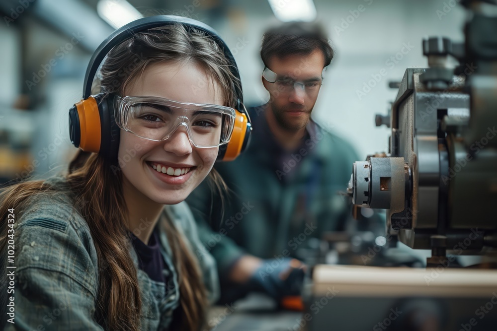 Young Woman Smiling in Industrial Workshop Setting Young Woman Smiling in Industrial Workshop Setting