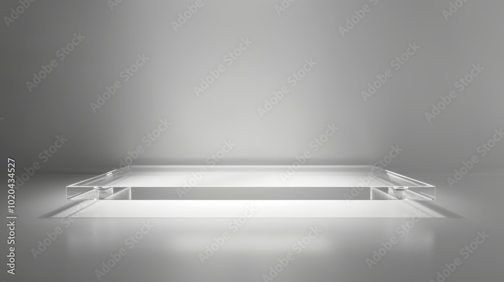 © mikeosphoto - Clear glass rectangular podium with smooth edges, illuminated from below. The sleek, minimalist design casts soft shadows on a light gray surface, perfect for modern product display
