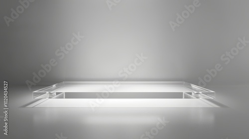 Clear glass rectangular podium with smooth edges, illuminated from below. The sleek, minimalist design casts soft shadows on a light gray surface, perfect for modern product display photo