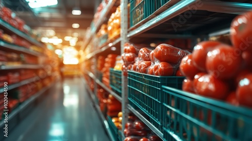 A grocery store aisle is in focus with fresh red tomatoes in the foreground, capturing the abundance and freshness of produce available to customers. photo