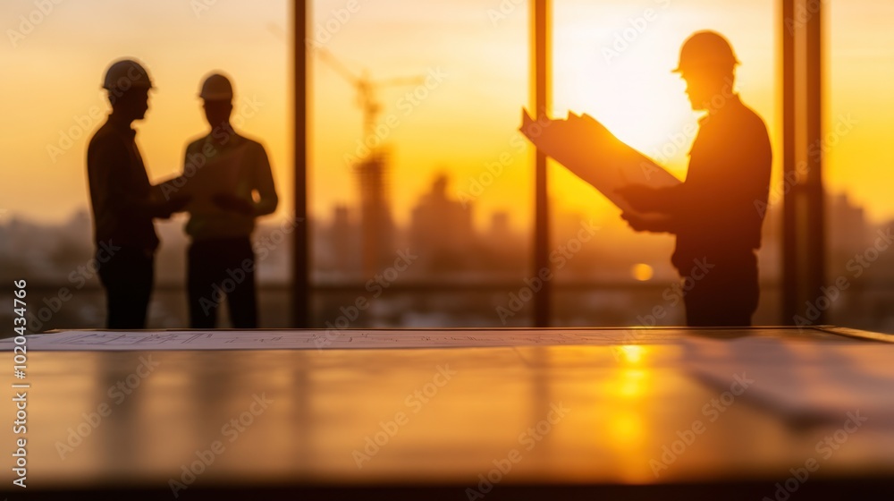 Blurry construction site in the background with silhouetted engineers holding blueprints at sunset, creating a professional yet serene atmosphere