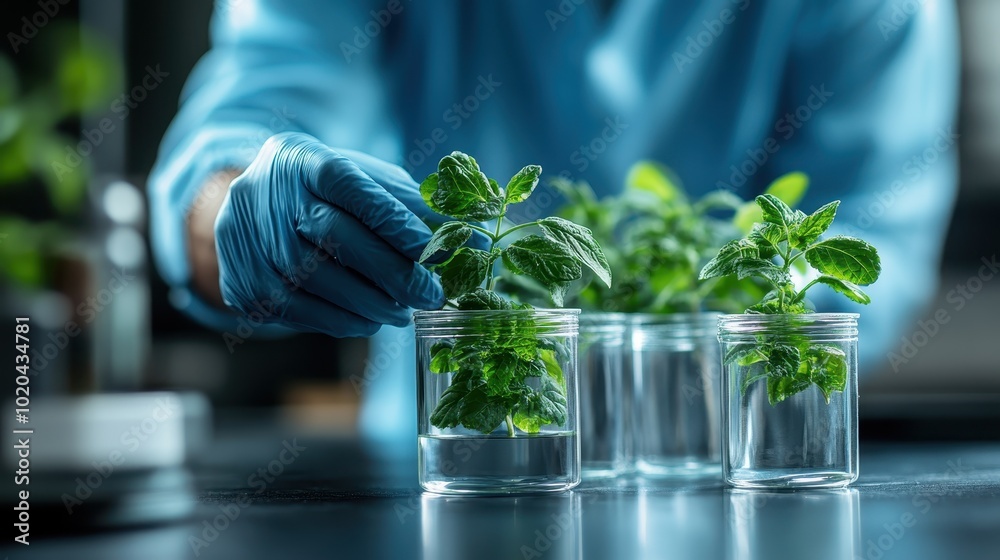 A scientist precisely handles young plant samples in glass jars, demonstrating attention to detail in a modern lab setup for botanical experiments and studies. A scientist precisely handles young plant samples in glass jars, demonstrating attention to detail in a modern lab setup for botanical experiments and studies.