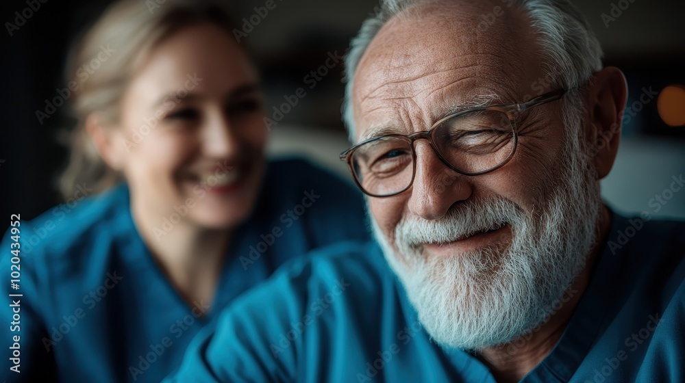 A senior man and a cheerful nurse share a bright smile in a hospital setting, embodying health, care, and warmth in a professional healthcare environment.