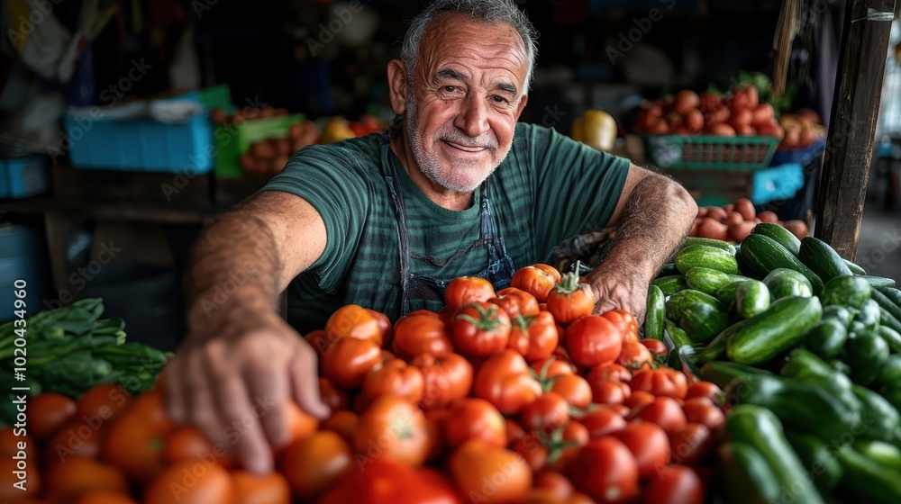 An elderly man joyfully sells fresh produce, including tomatoes and cucumbers, at a vibrant market stall, showcasing happiness, livelihood, and community spirit.