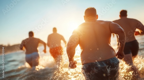 A broad-shouldered man is captured mid-sprint through shallow ocean water, with sunlight illuminating his path, reflecting strength and determination.