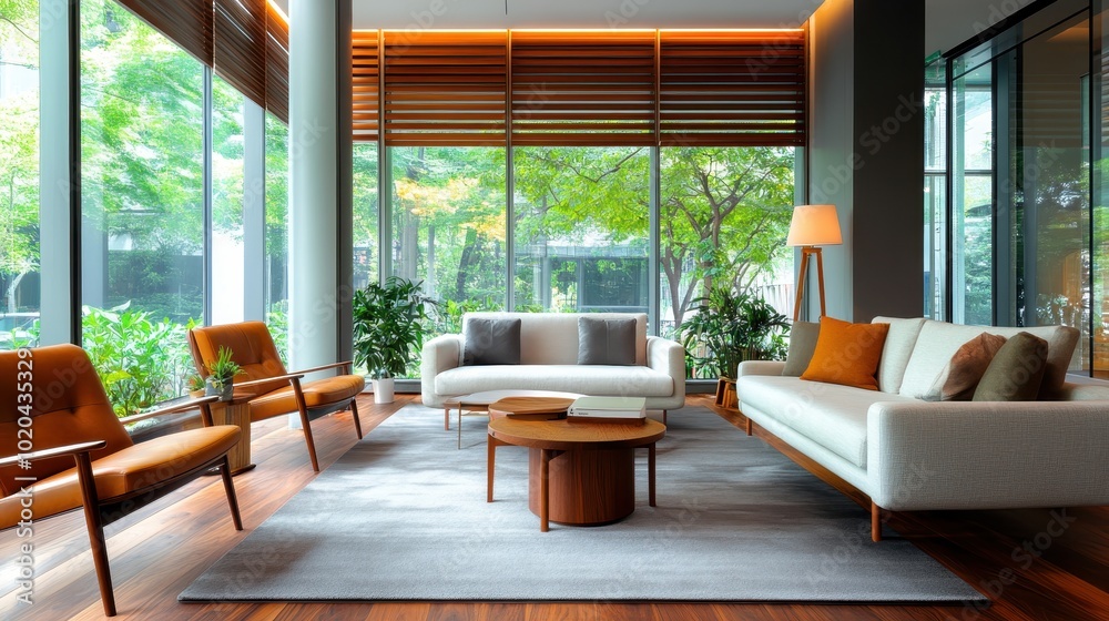This chic lounge showcases large windows that allow natural light to brighten the room, combined with soft lighting and elegant furniture for a relaxing atmosphere.