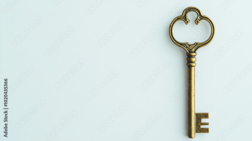 Shiny brass key on a white background, symbolizing success, opportunity, and new beginnings. Shiny brass key on a white background, symbolizing success, opportunity, and new beginnings.
