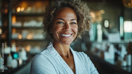 A woman with light curly hair dons a bathrobe while confidently standing in a well-lit spa, embodying relaxation and self-assurance in a stylish setting.