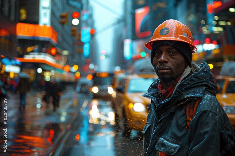 Man wearing a hard hat standing on a city street, delivery worker
