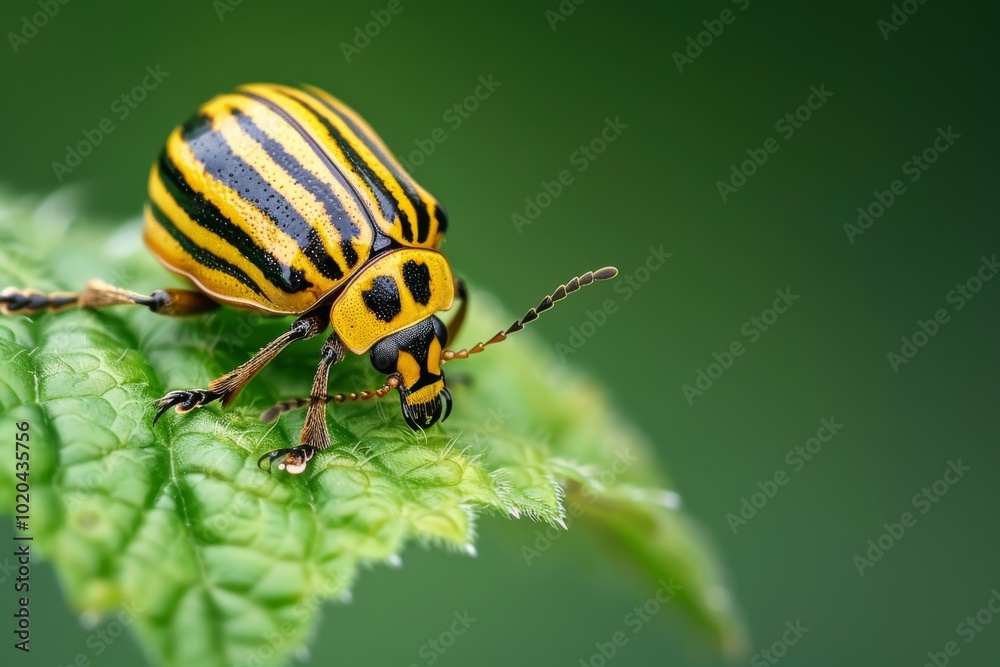 A brightly colored striped beetle perches on a vivid green leaf, its vibrant hues contrasting against the soft-focus background of lush greenery. A brightly colored striped beetle perches on a vivid green leaf, its vibrant hues contrasting against the soft-focus background of lush greenery.