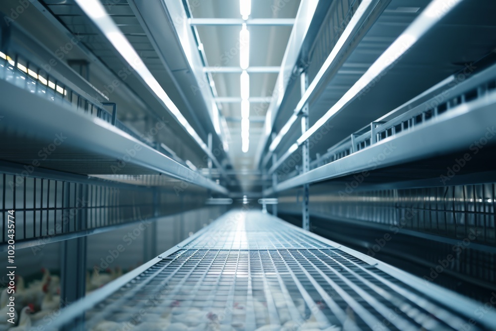 Industrial poultry farm with sterile rows of cages and bright overhead lighting, representing modern agriculture's efficiency and scale. Industrial poultry farm with sterile rows of cages and bright overhead lighting, representing modern agriculture's efficiency and scale.