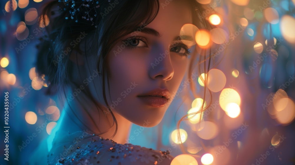 Close-up portrait of a young woman with soft lighting and colorful bokeh, creating a dreamy atmosphere Close-up portrait of a young woman with soft lighting and colorful bokeh, creating a dreamy atmosphere