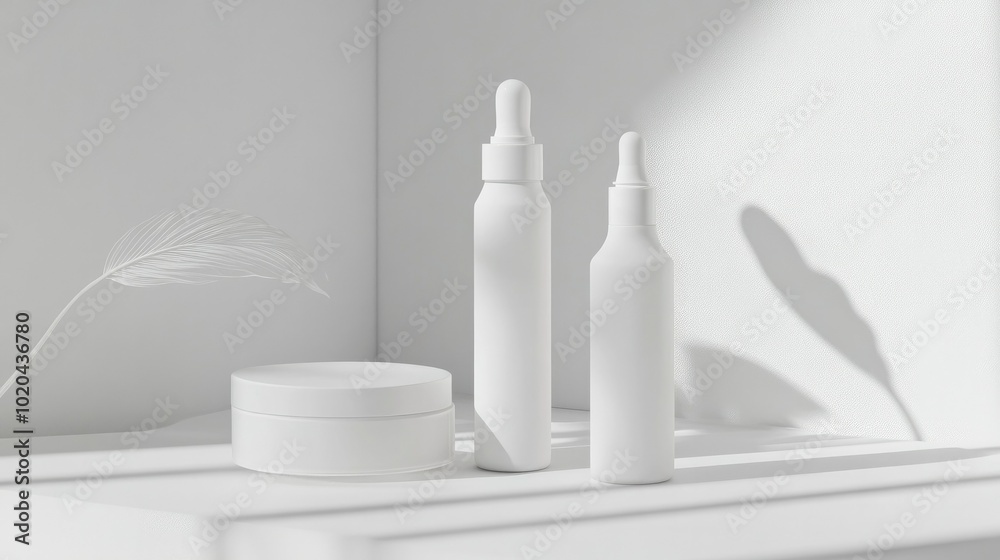 Skincare set with moisturizer, serum, and toner bottles on a white background, minimal and clean layout. Skincare set with moisturizer, serum, and toner bottles on a white background, minimal and clean layout.
