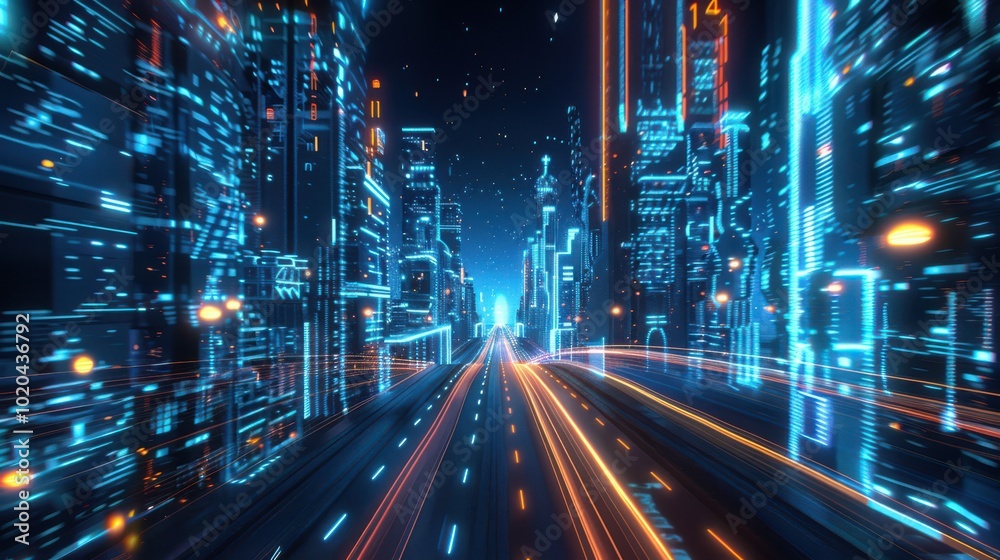 A futuristic smart city illuminated by neon-lit skyscrapers and AI-driven technology. The vibrant cityscape features advanced highways with glowing light trails, showcasing high-tech urban environment A futuristic smart city illuminated by neon-lit skyscrapers and AI-driven technology. The vibrant cityscape features advanced highways with glowing light trails, showcasing high-tech urban environment