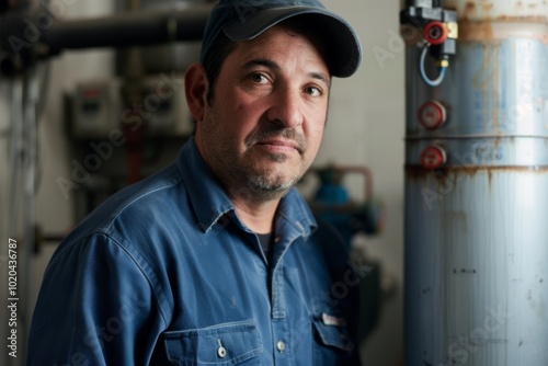 An industrious worker wearing a blue denim shirt stands near machinery, with a focused demeanor reflecting dedication and expertise.