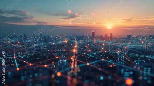 Futuristic smart city at sunset, illuminated by AI-driven glowing digital networks. The vibrant grid of interconnected lights stretches across urban landscape, blending technology with natural beauty