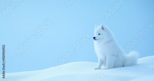 Portrait of white Samoyed sitting on snow in the park, blank space for advertising text.