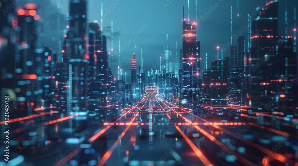A futuristic AI-driven smart city illuminated with neon lights and digital networks. The cityscape features advanced infrastructure and glowing skyscraper A futuristic AI-driven smart city illuminated with neon lights and digital networks. The cityscape features advanced infrastructure and glowing skyscraper