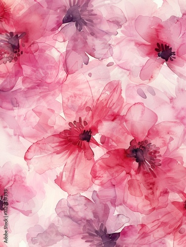 A harmonious arrangement of watercolor flowers in gentle pink and purple hues evokes feelings of calm and beauty, reminiscent of springtime. Generative AI