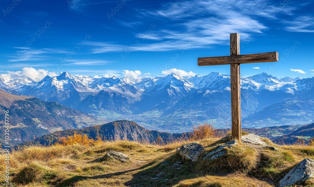 On Gerlosstein in Austrian Alps, a wooden cross stands on the top with blue sky above. Mountain top on a sunny autumn day.