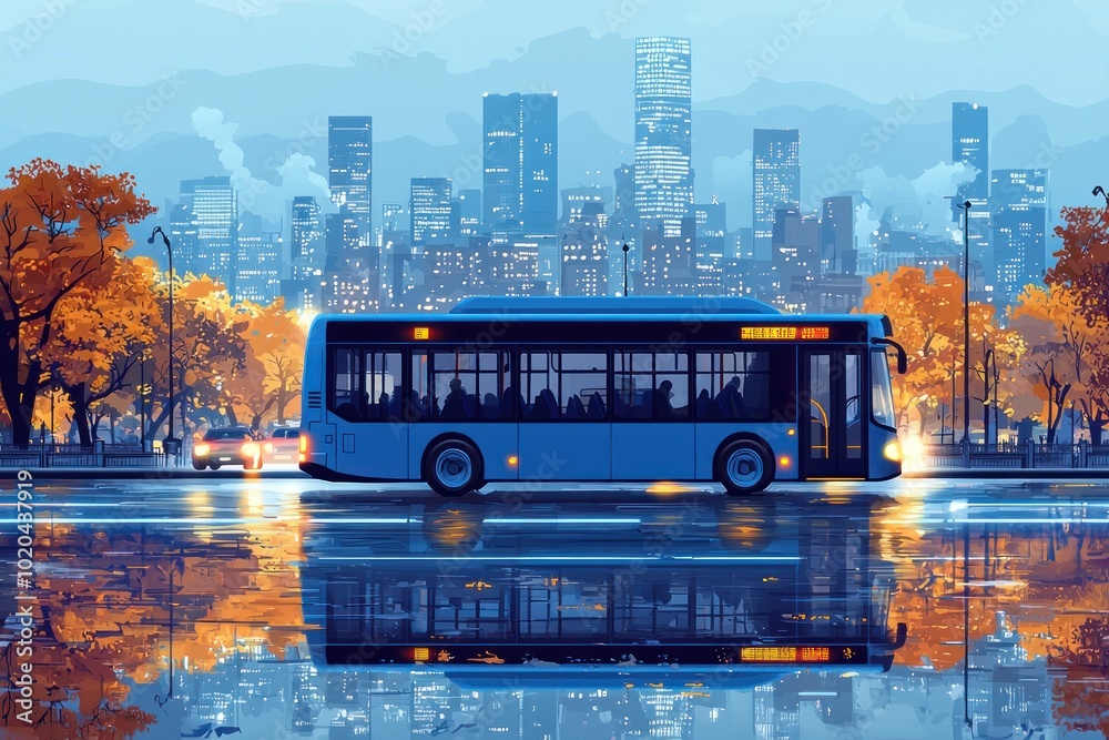 Obraz premium Modern city bus driving through urban streets with skyscrapers and trees Generative AI