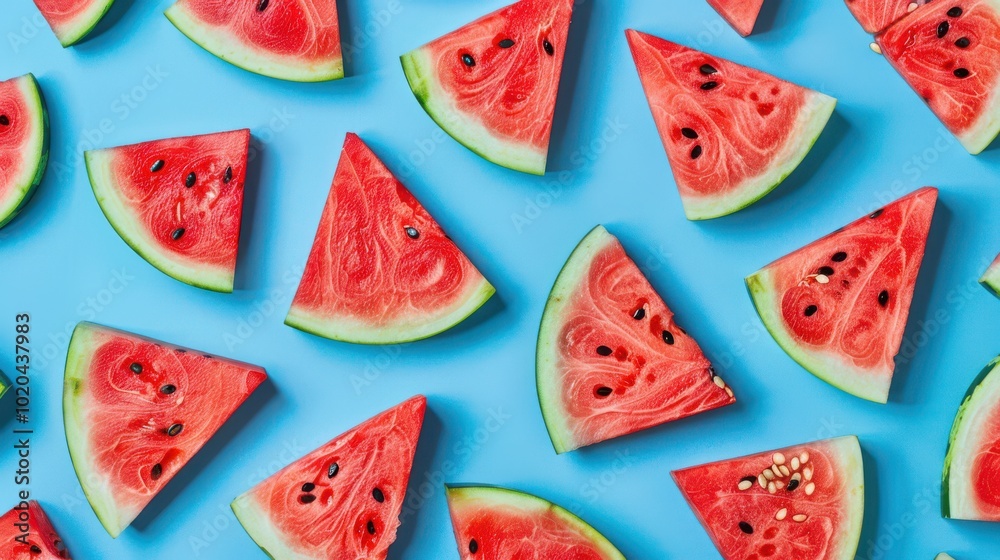 Close-up of fresh watermelon slices arranged on a bright blue background. The vibrant red and green colors create a refreshing, summery pattern Close-up of fresh watermelon slices arranged on a bright blue background. The vibrant red and green colors create a refreshing, summery pattern
