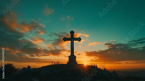 A powerful silhouette of a cross set against the backdrop of a vibrant sunrise. The orange and blue tones in the sky create a peaceful and spiritual atmosphere, symbolizing faith, hope, and serenity. photo