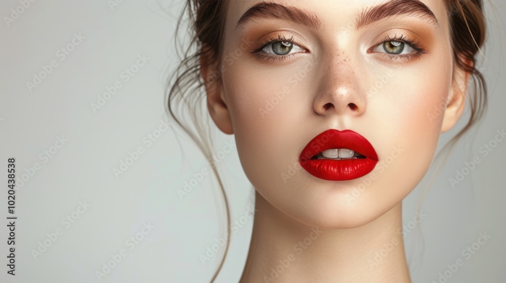 Close-up portrait of a glamorous woman with bold red lipstick, flawless skin, and a captivating gaze
