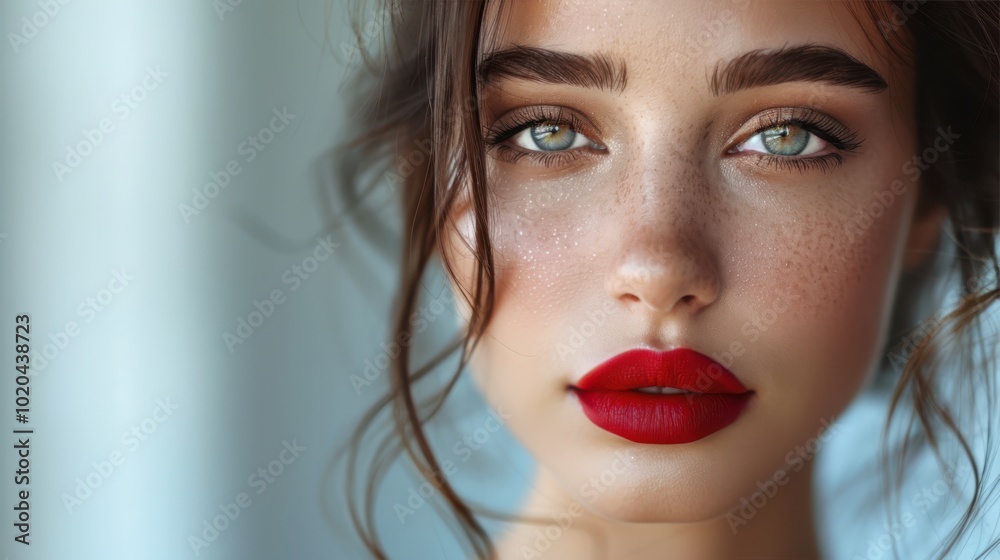 Close-up beauty portrait of a woman with bold red lipstick, natural freckles, and intense gaze Close-up beauty portrait of a woman with bold red lipstick, natural freckles, and intense gaze