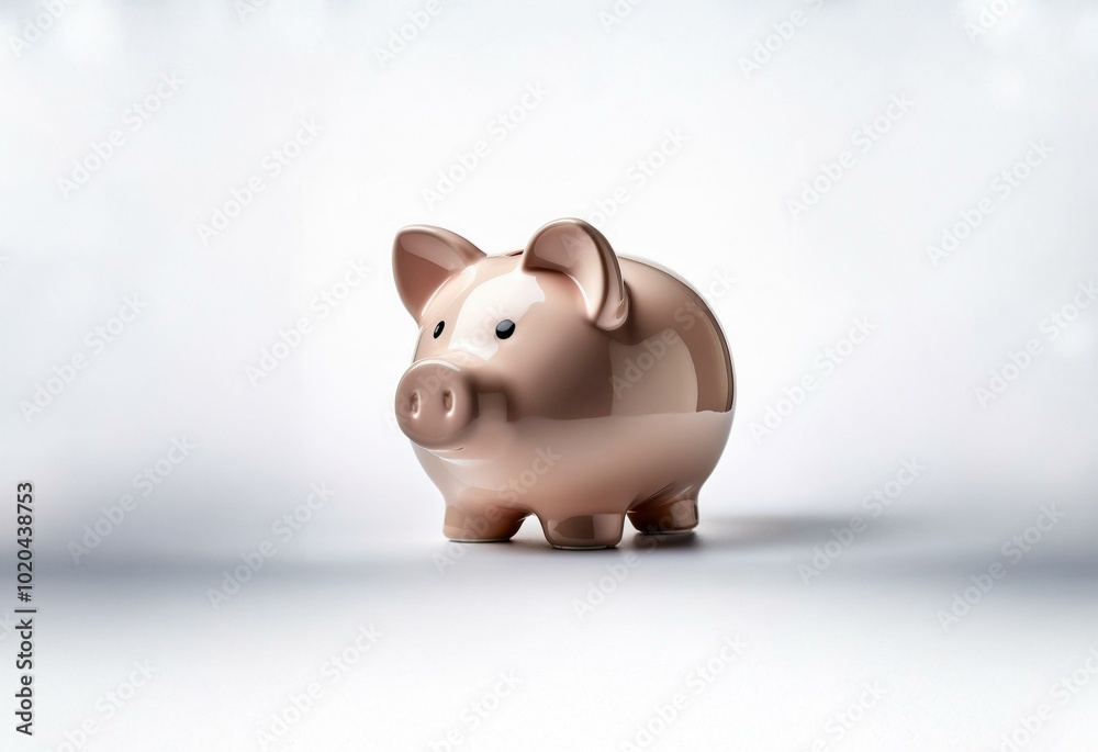 A ceramic piggy bank with a glossy finish sits on a white surface. A ceramic piggy bank with a glossy finish sits on a white surface.