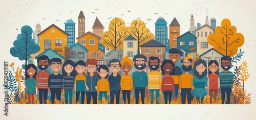 Diverse group of people standing together in an urban street with colorful buildings and trees in the background Generative AI