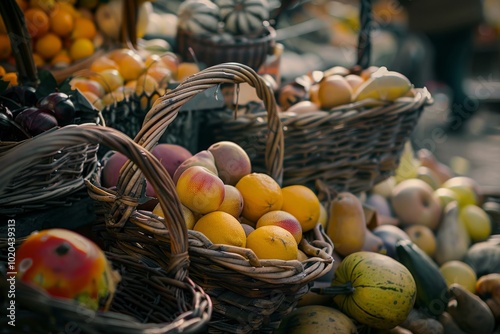 Rustic baskets overflow with fresh, vibrant peachey fruits at a bustling market featuring a cornucopia of harvest bounty. photo