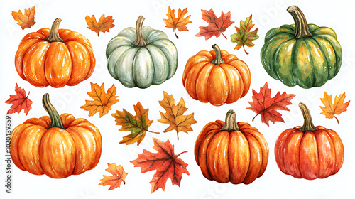 Ripe Colorful Pumpkin Set in Watercolor Clipart