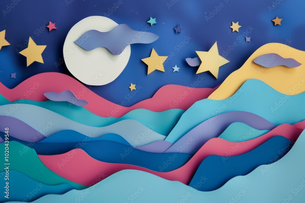 A pastel-hued dreamscape with rolling waves, a full moon, and scattered stars capturing a whimsical night in paper art. A pastel-hued dreamscape with rolling waves, a full moon, and scattered stars capturing a whimsical night in paper art.
