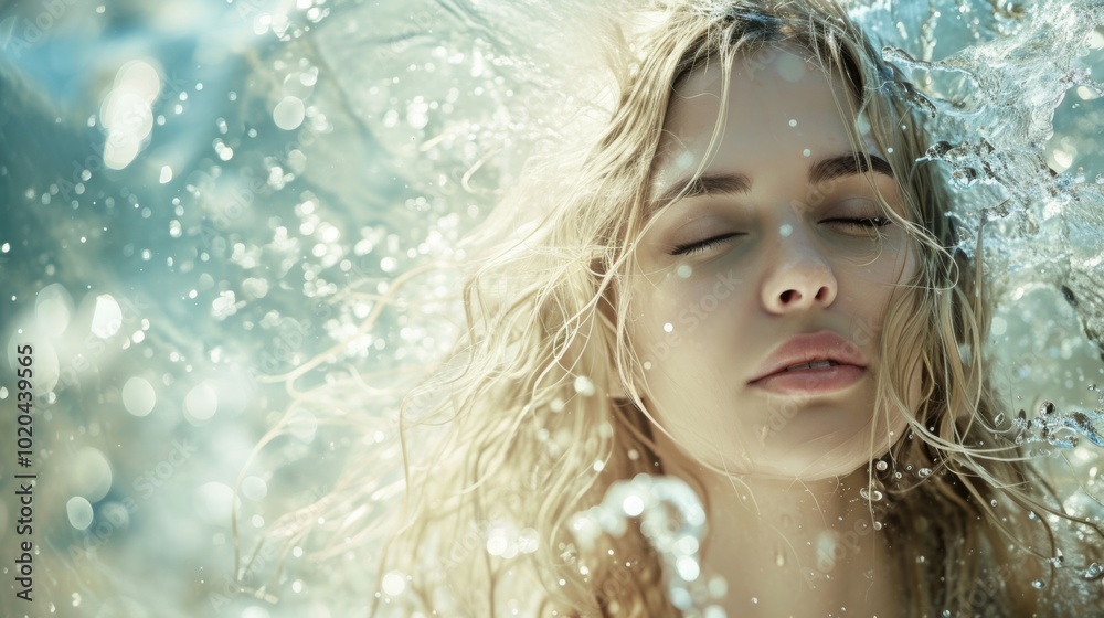 Close-up of a serene young woman with blonde hair, eyes closed, and water splashing around her face. The soft, bokeh-filled background adds a dreamy effect, emphasizing calmness and relaxation Close-up of a serene young woman with blonde hair, eyes closed, and water splashing around her face. The soft, bokeh-filled background adds a dreamy effect, emphasizing calmness and relaxation
