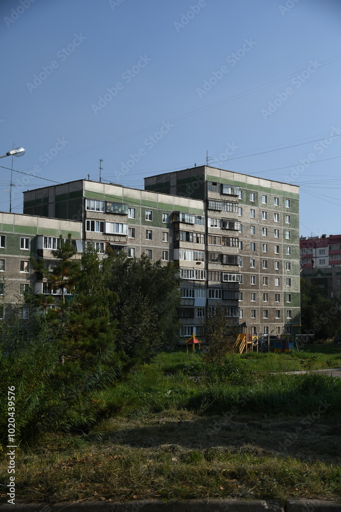 Obraz premium Cityscape of Russia. Panel house of the Soviet Union, old architecture of the building in the brutalism style