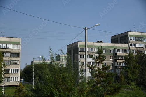 Cityscape of Russia. Panel house of the Soviet Union, old architecture of the building in the brutalism style