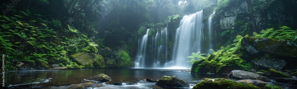 Waterfall in a lush green forest with rocks and water Waterfall in a lush green forest with rocks and water