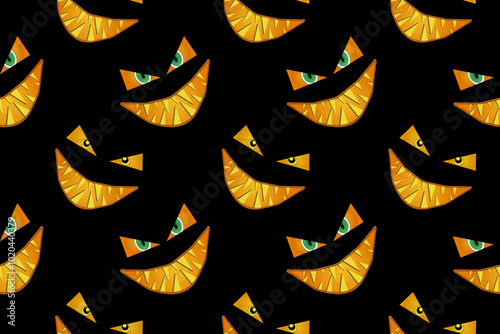 Seamless pattern of creepy, glowing grinning faces on a dark background, perfect for Halloween designs, decorations, and backgrounds.