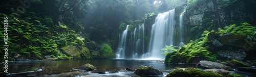 Waterfall in a lush green forest with rocks and water