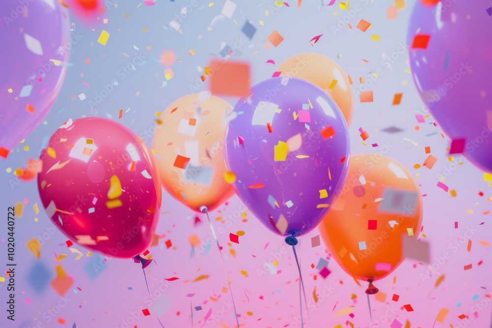 Colorful balloons float freely amid a cascade of confetti, creating a joyful and celebratory atmosphere full of festive spirit and whimsy.