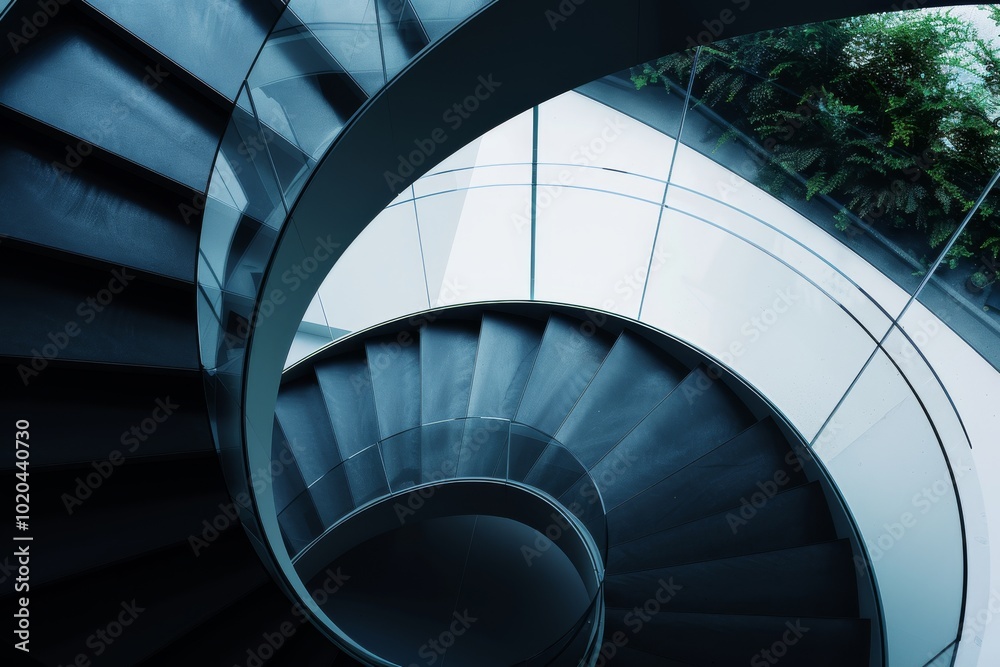 Fototapeta premium Sleek spiral staircase with lush greenery on each side, merging modern design with nature, showcasing balance, elegance, and architectural beauty.