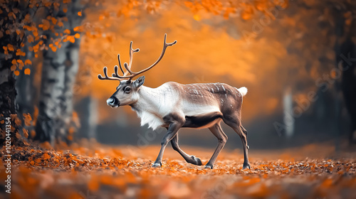 Beautiful portrait of a reindeer amidst an idyllic autumn scene, its confident stride accentuated by fallen autumn leaves.