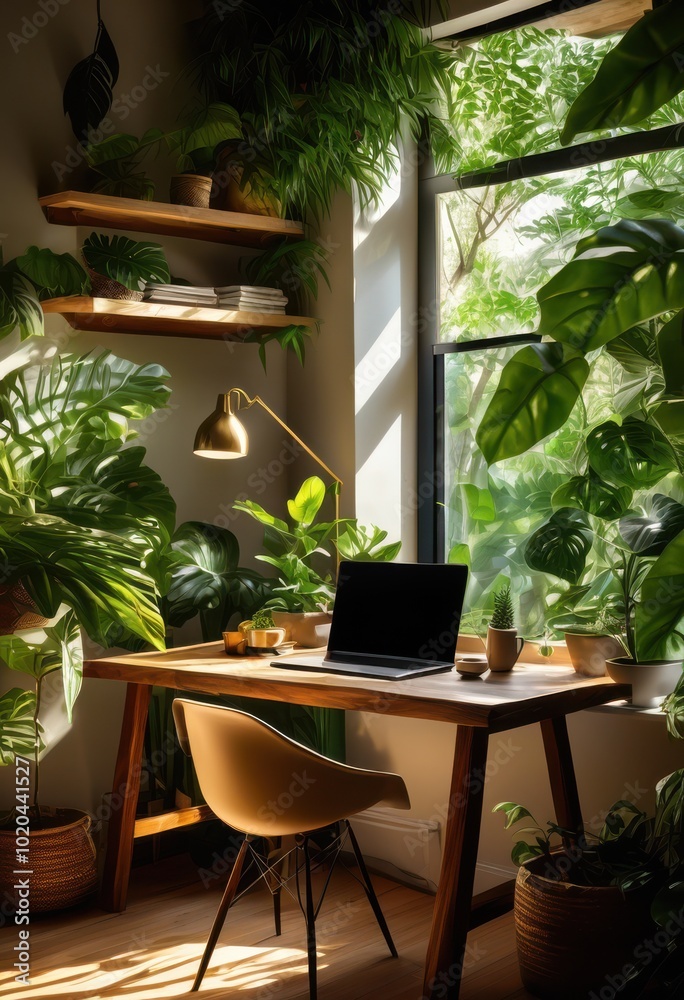 Fototapeta premium charming nature inspired workspace featuring cozy laptop setup surrounded greenery fresh cup coffee, desk, plants, wood, furniture, light, window, lamp