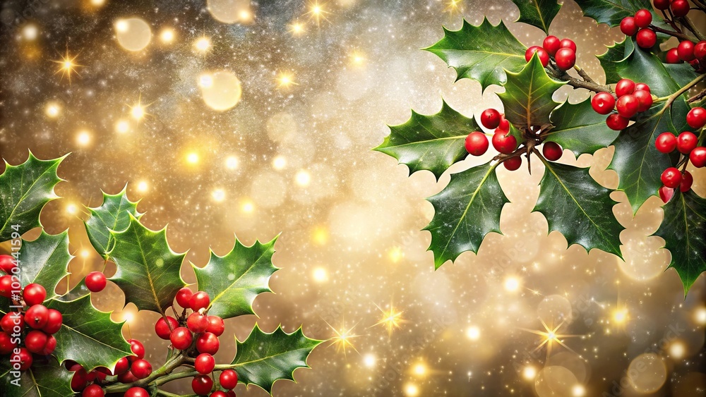 Fototapeta premium Festive Christmas background with holly and lights