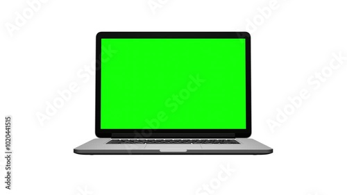 3d rendering of a silver laptop opening and closing with green screen on white background