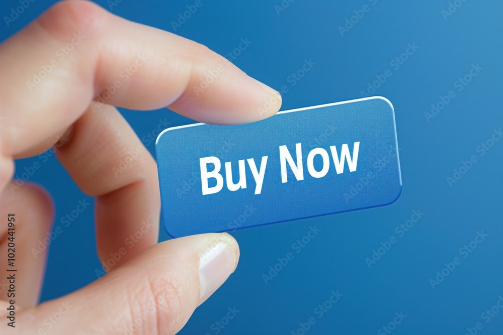 Hand holding a transparent button that says 'Buy Now' on a blue background. Hand holding a transparent button that says 'Buy Now' on a blue background.