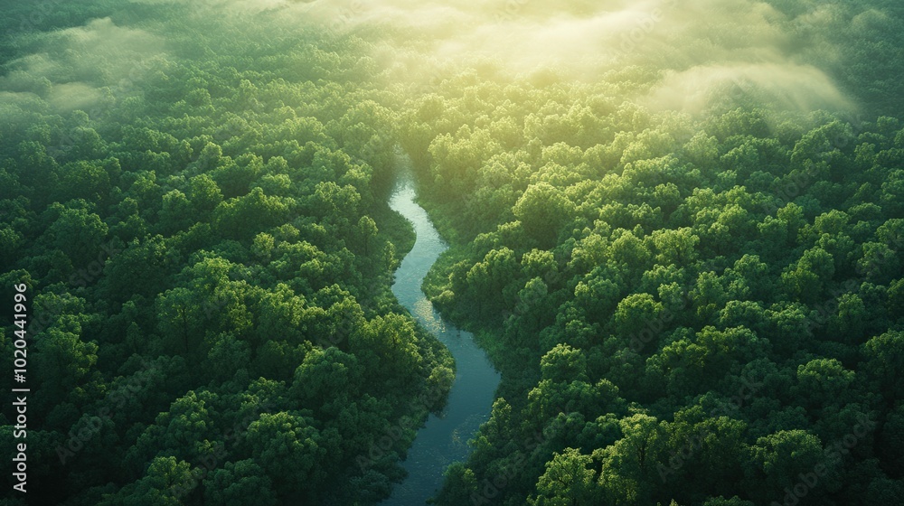 A sweeping aerial view of a vast forest landscape, with vibrant green treetops and a winding river cutting through, captured in cinematic lighting that highlights the depth and scale of the forest A sweeping aerial view of a vast forest landscape, with vibrant green treetops and a winding river cutting through, captured in cinematic lighting that highlights the depth and scale of the forest