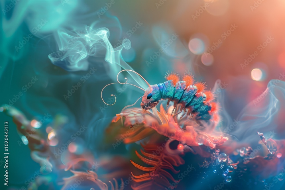 A fantastical caterpillar with antennae emits wisps of smoke in a dreamy, ethereal landscape.