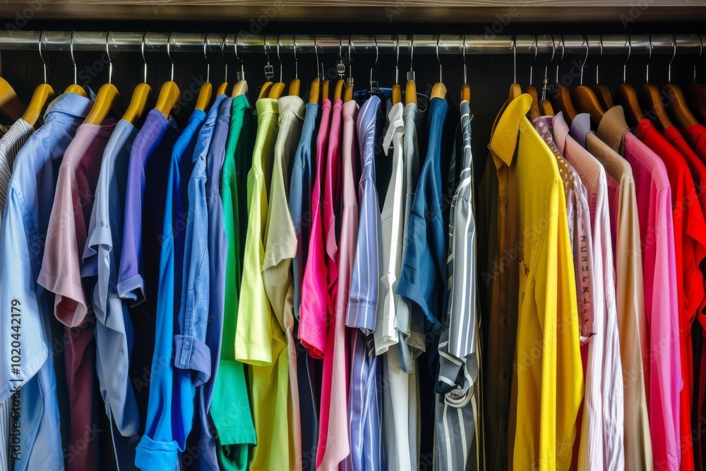 Fototapeta premium A vibrant assortment of neatly hung shirts in a closet, showcasing a spectrum of colors, from blues to reds, representing diversity and style.